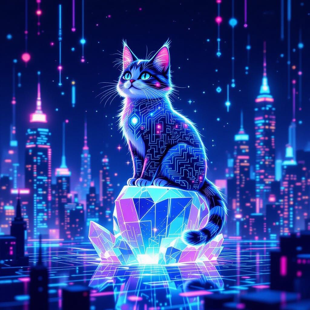 Circuit Cat Overlooks Holographic City in Neon Light