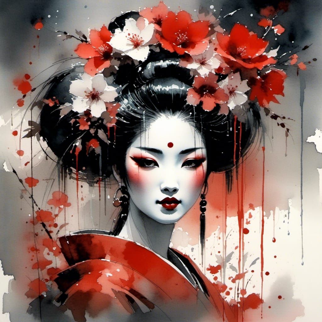 Geisha in Rain Under Blood Moon, Watercolor Style