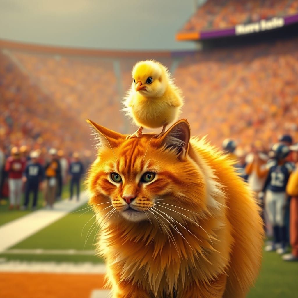 Majestic Cat and Tiny Chick on Football Sideline