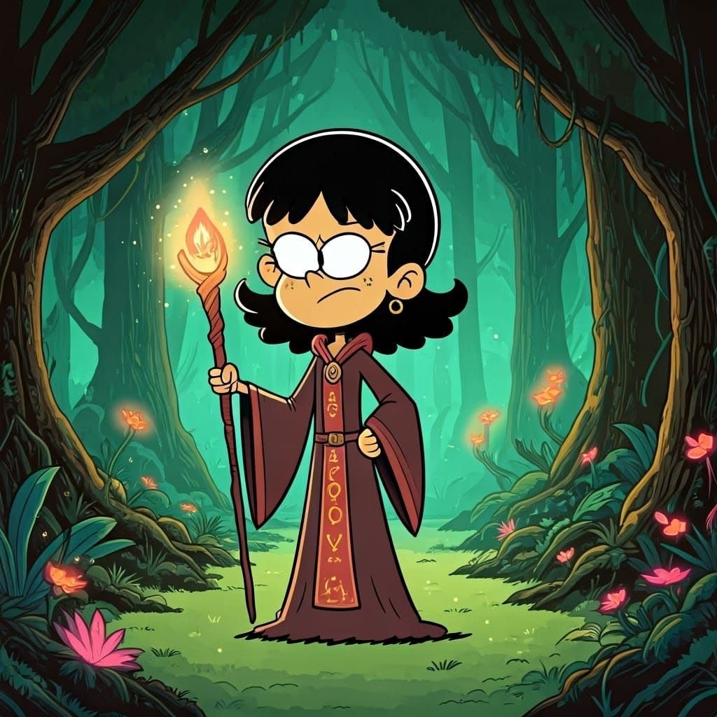 Stella Zhau, reimagined as a powerful sorceress, stands in a mystical forest clearing, surrounded by ancient trees and g...