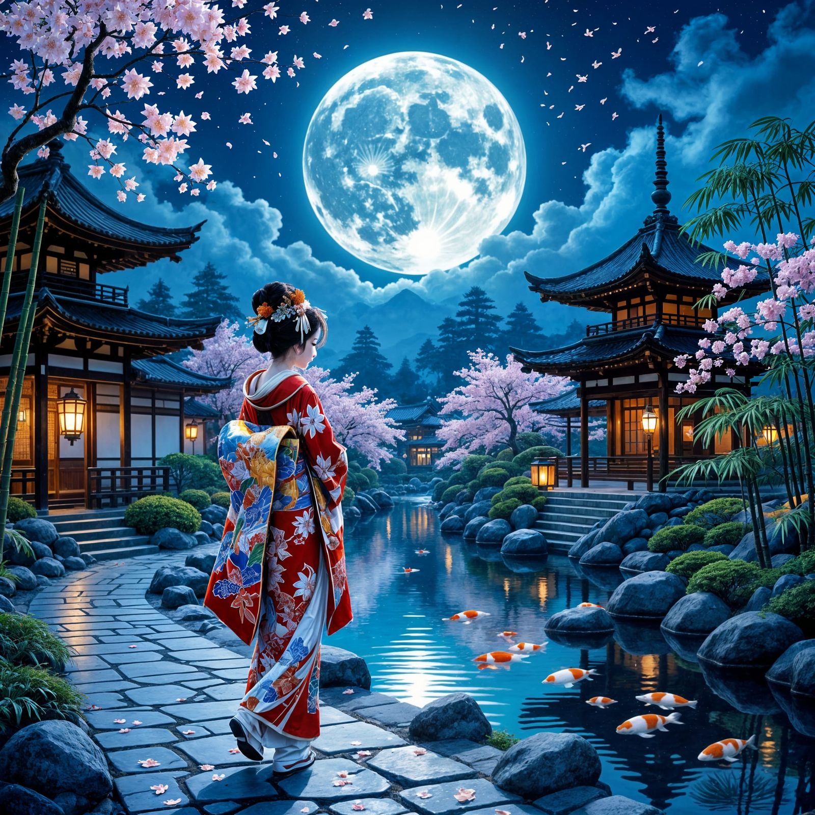 Hyperrealistic Geisha Beneath Dragon Moon in Temple Garden