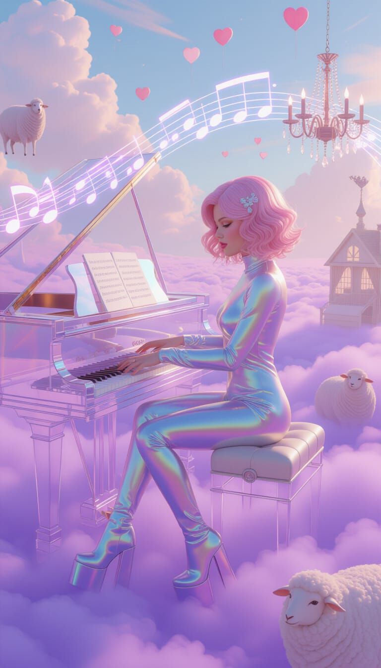 Surreal Androgynous Figure at Floating Piano