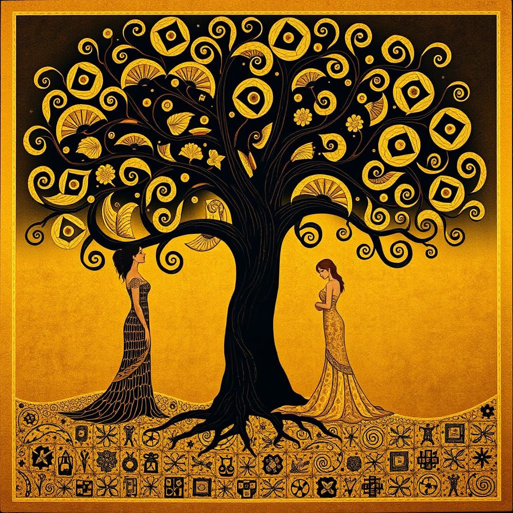 Luxurious Tree of Life in Gold, Black, and Earth Tones, Cybe...
