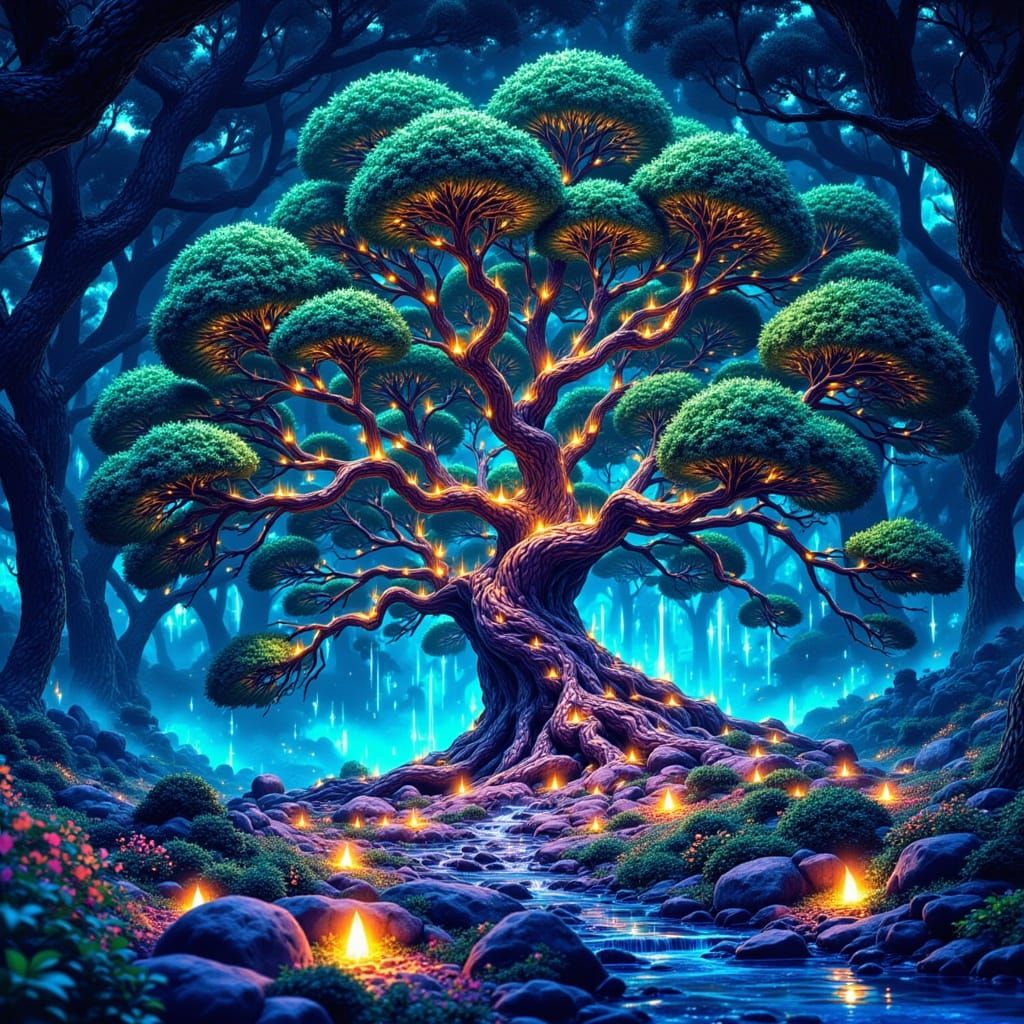 Enchanted Juniper Tree in a Neon Forest