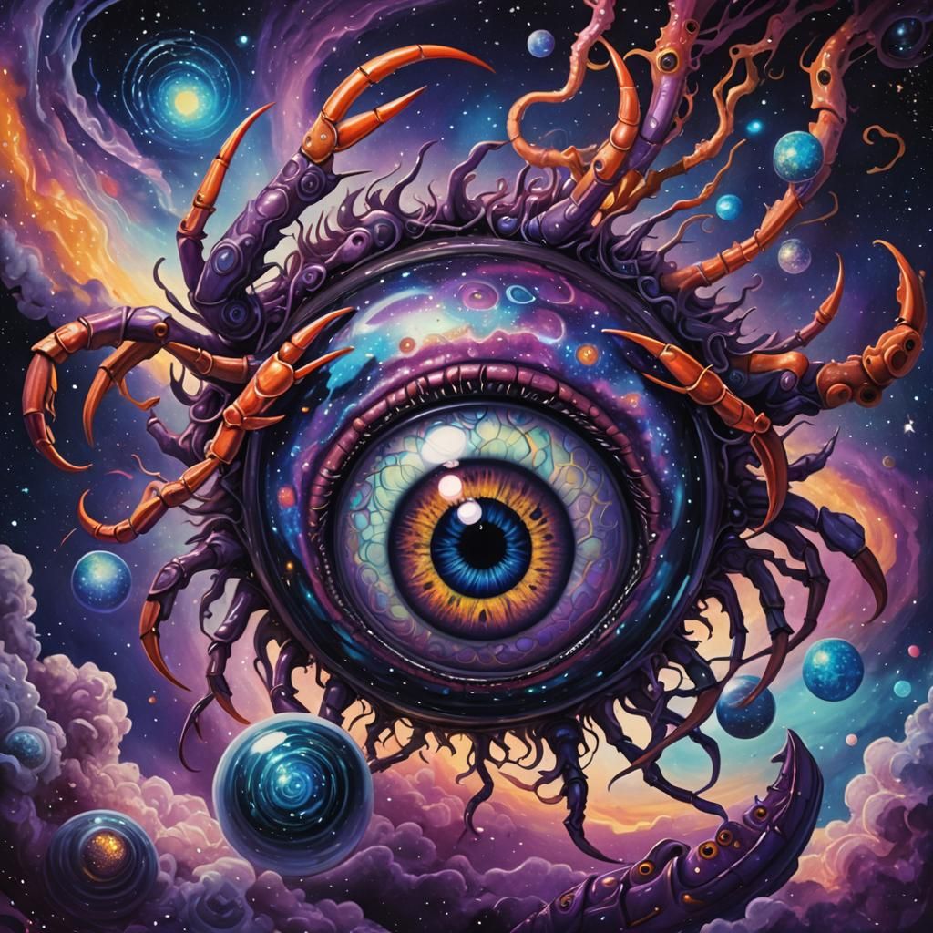 Cosmic Eyeball God Holding Galaxy, Mixed Media Art