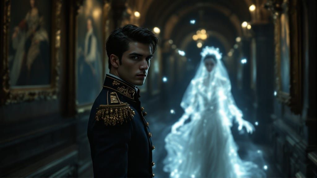 Ghostly Encounter in Gothic Castle Corridor
