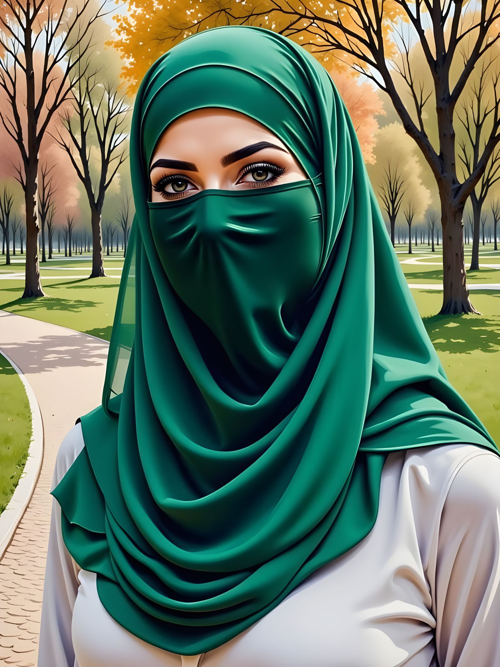 Elegant European Student in Dark Green Niqab, Oil-Guache Pai...