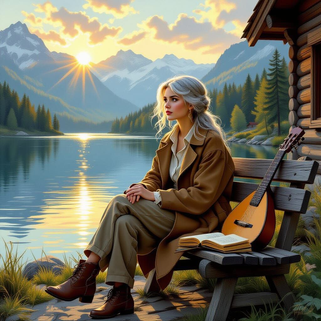 Breton Woman by Mountain Lake with Lute