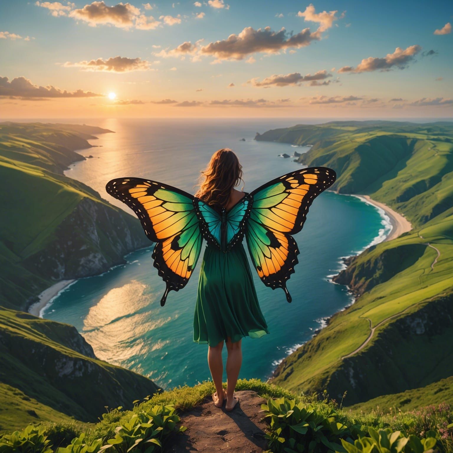 Woman with Butterfly Wings over Ocean at Sunrise