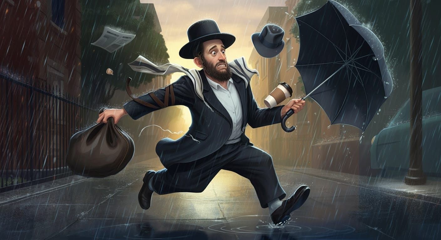 Hasidic Man Rushes to Morning Prayers in the Rain, a Dynamic...
