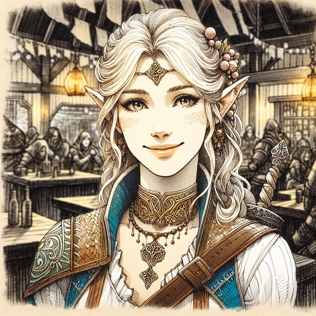 High Elf Adventurer in Tavern, Pen-and-Ink Watercolor