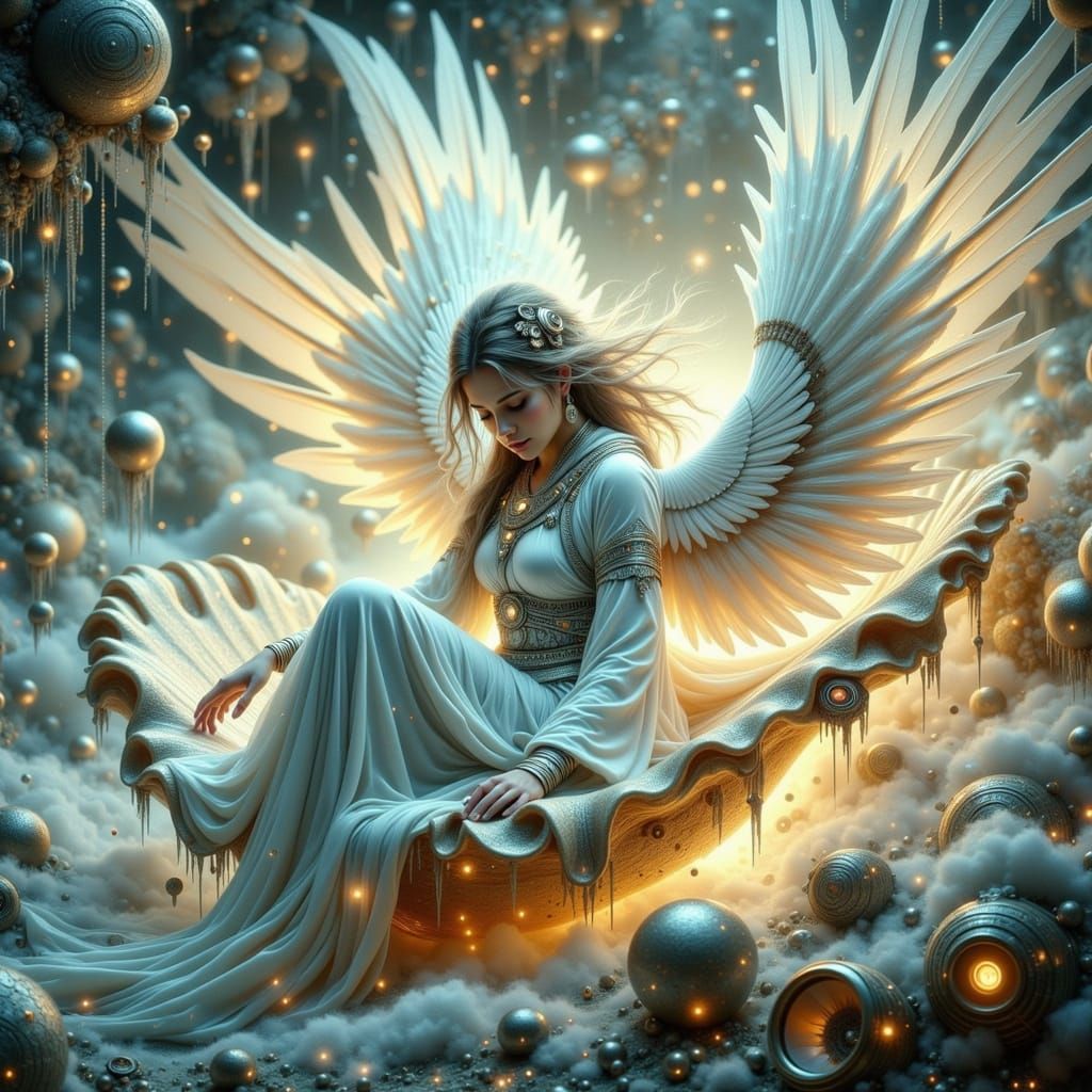 Cyber Angel Emerges in Futuristic Seashell Art