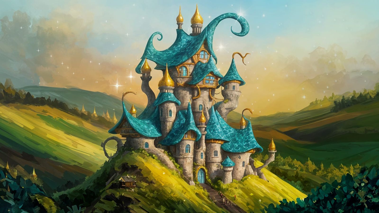 Fantasy Oil Painting of an Elven Castle Amidst Rolling Hills