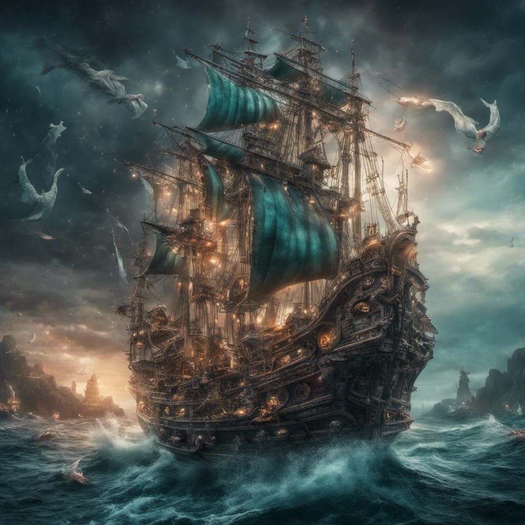Fantasy Ship Surrounded by Mermaids: Hyperrealistic Image