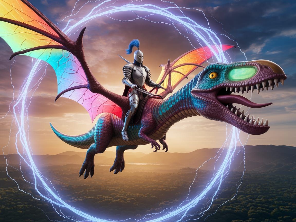 : A mystical knight emerges from a swirling portal of electric twisted lightning energy, clad in shimmering armor, mount...