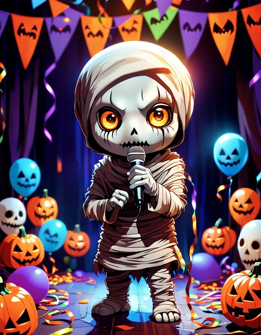Chibi Mummy's Halloween Karaoke in Anime Style