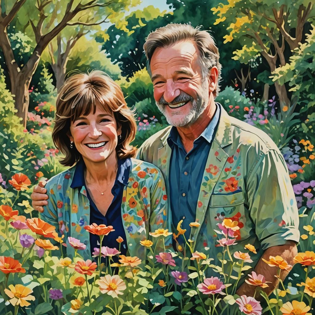 Impressionist Gouache Painting of Actors in Garden