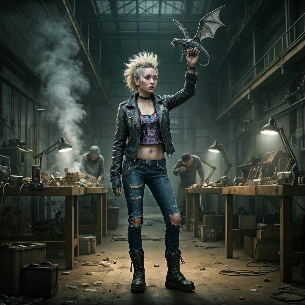 Cyberpunk Girl with Mechanical Dragon: Cinematic Film Still