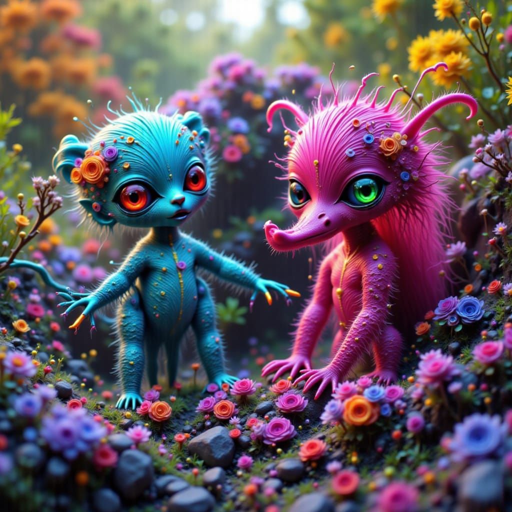 Whimsical Junk Creatures Peeking Out, Detailed Matte Paintin...