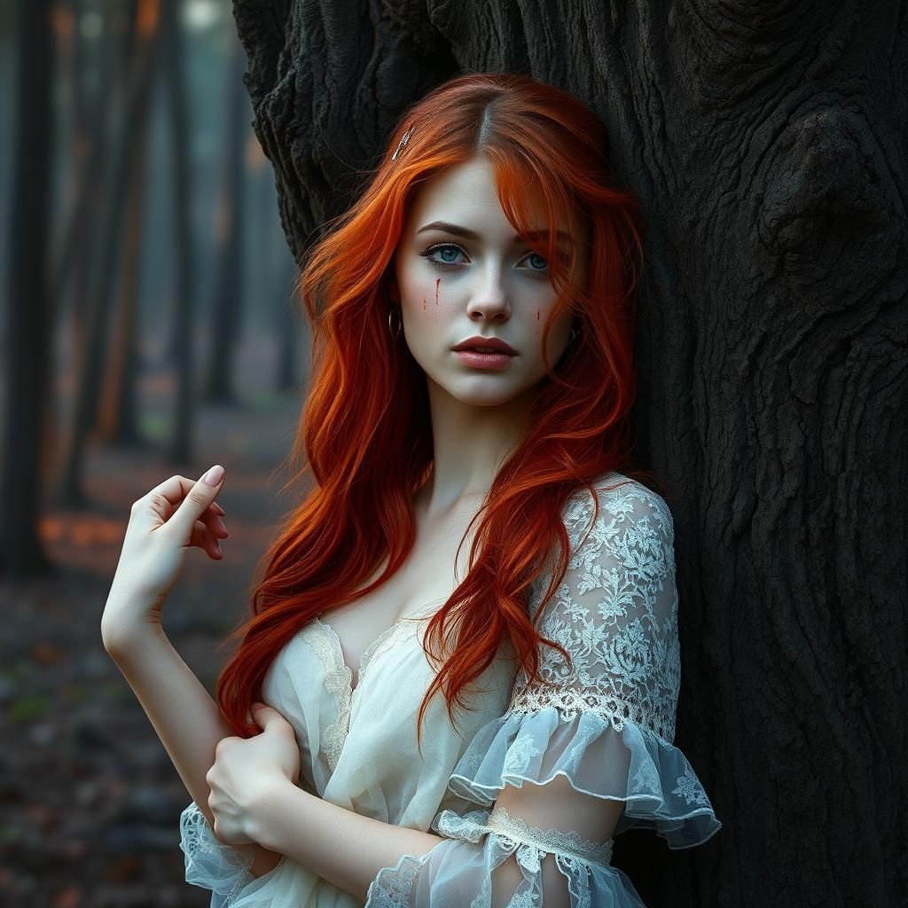 Red Haired Woman Crying in Mystical Forest