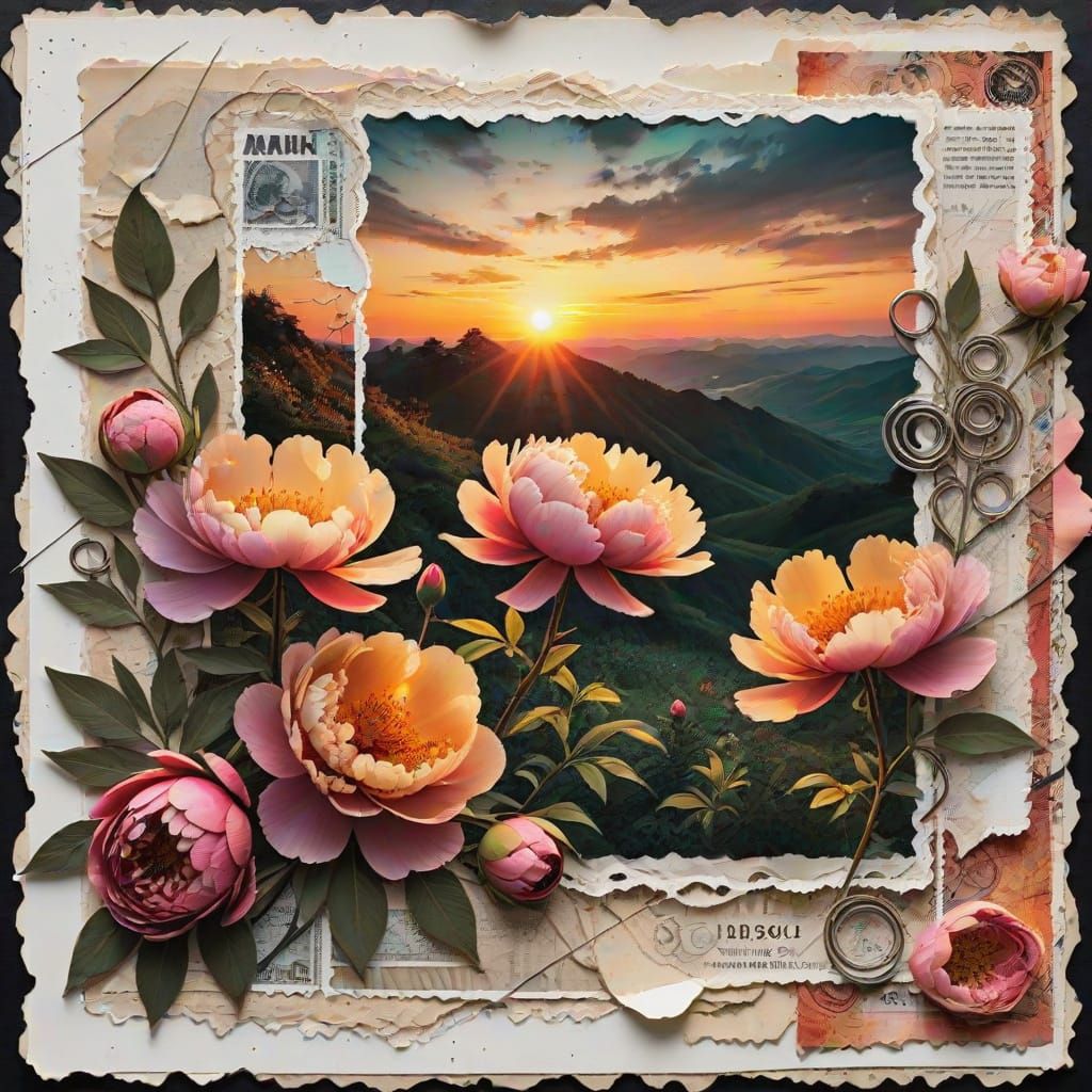 Epic Sunset Collage with Peonies in Torn Paper Style