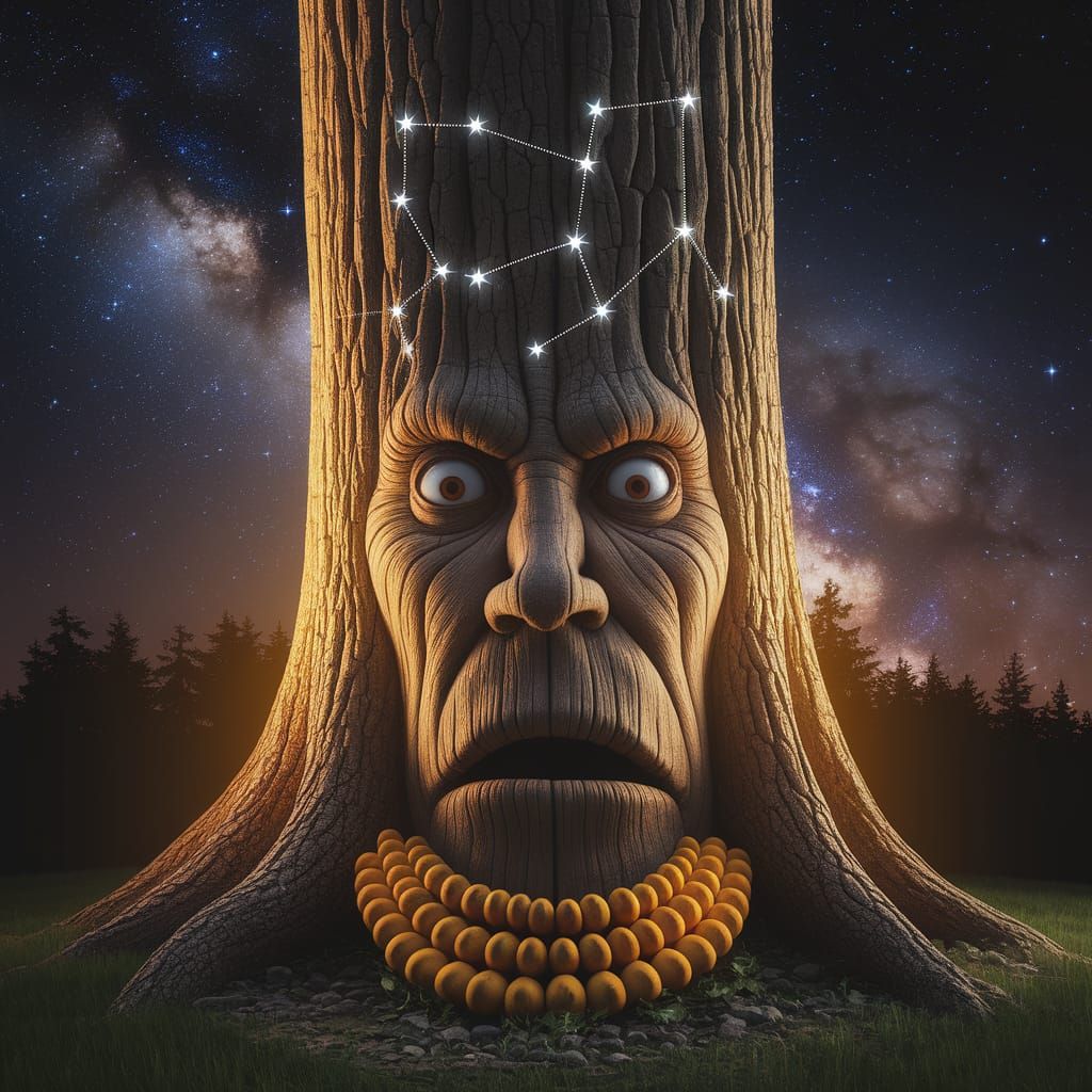 Tree Trunk with Surprised Facial Expression Illuminated in W...