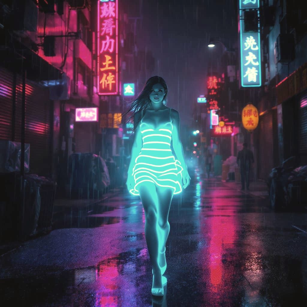 Woman in Glowing Turquoise Cyberpunk Street