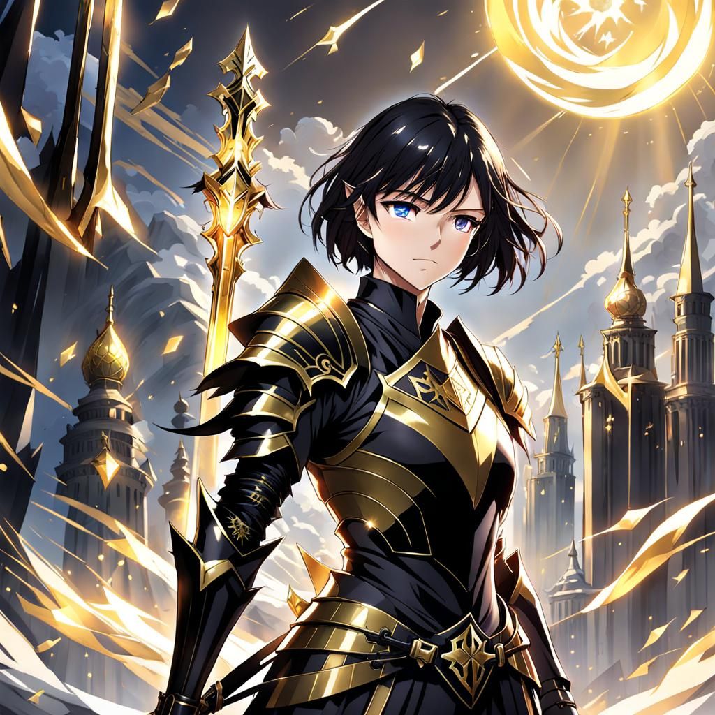 Anime Knight in Black and Gold Armor