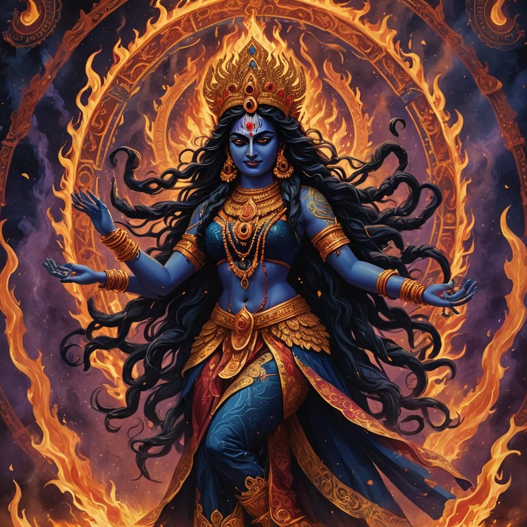 Kali Surrounded by Flames in Traditional Indian Art