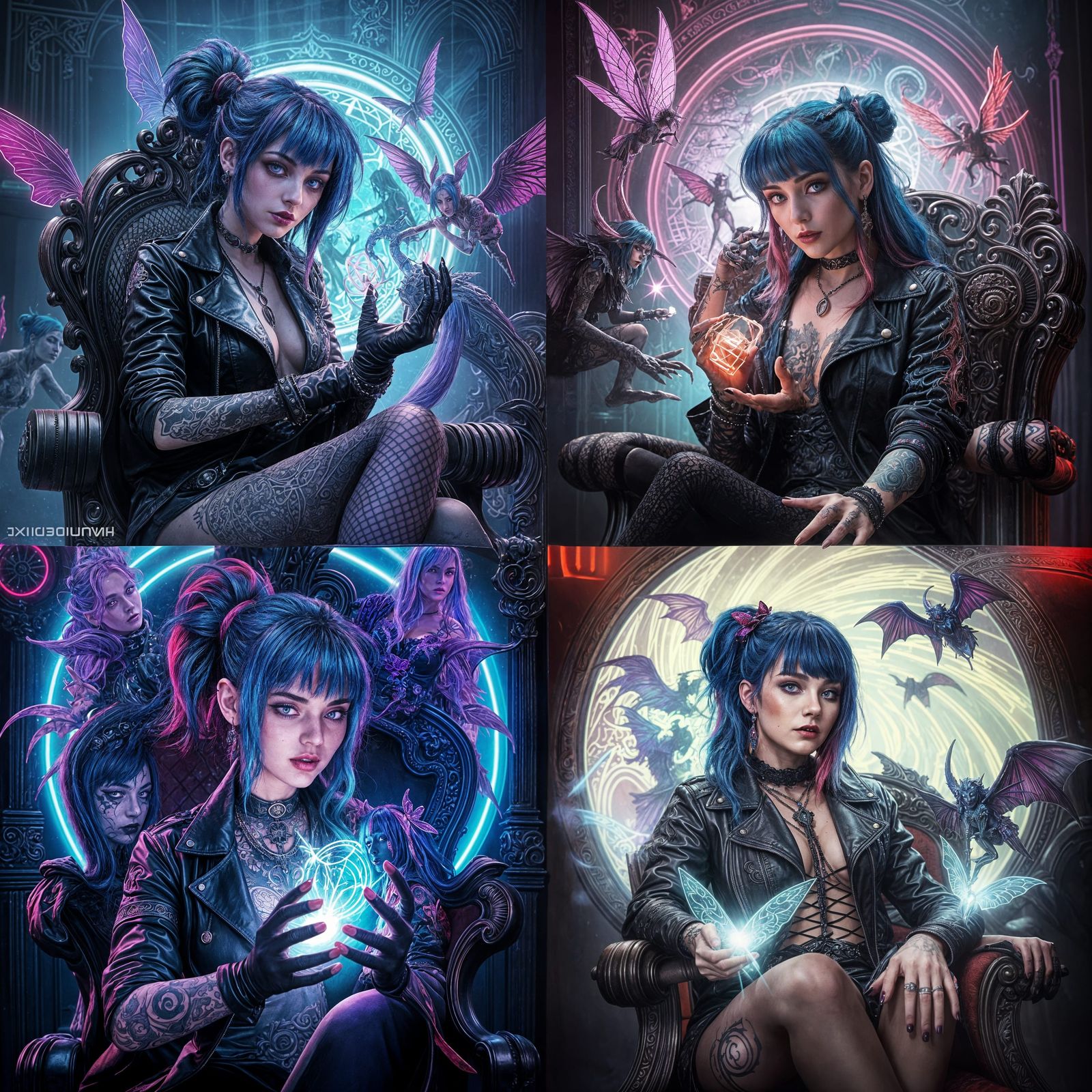 Gothic Woman Summoning Faeries in Synthwave Style