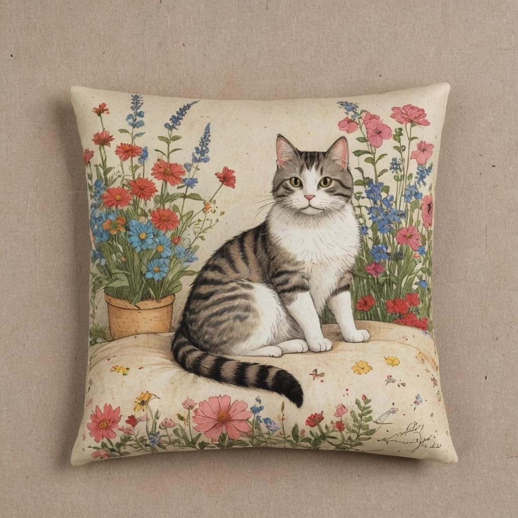 Cute Cat on Pillow in Vintage Ghibli Style