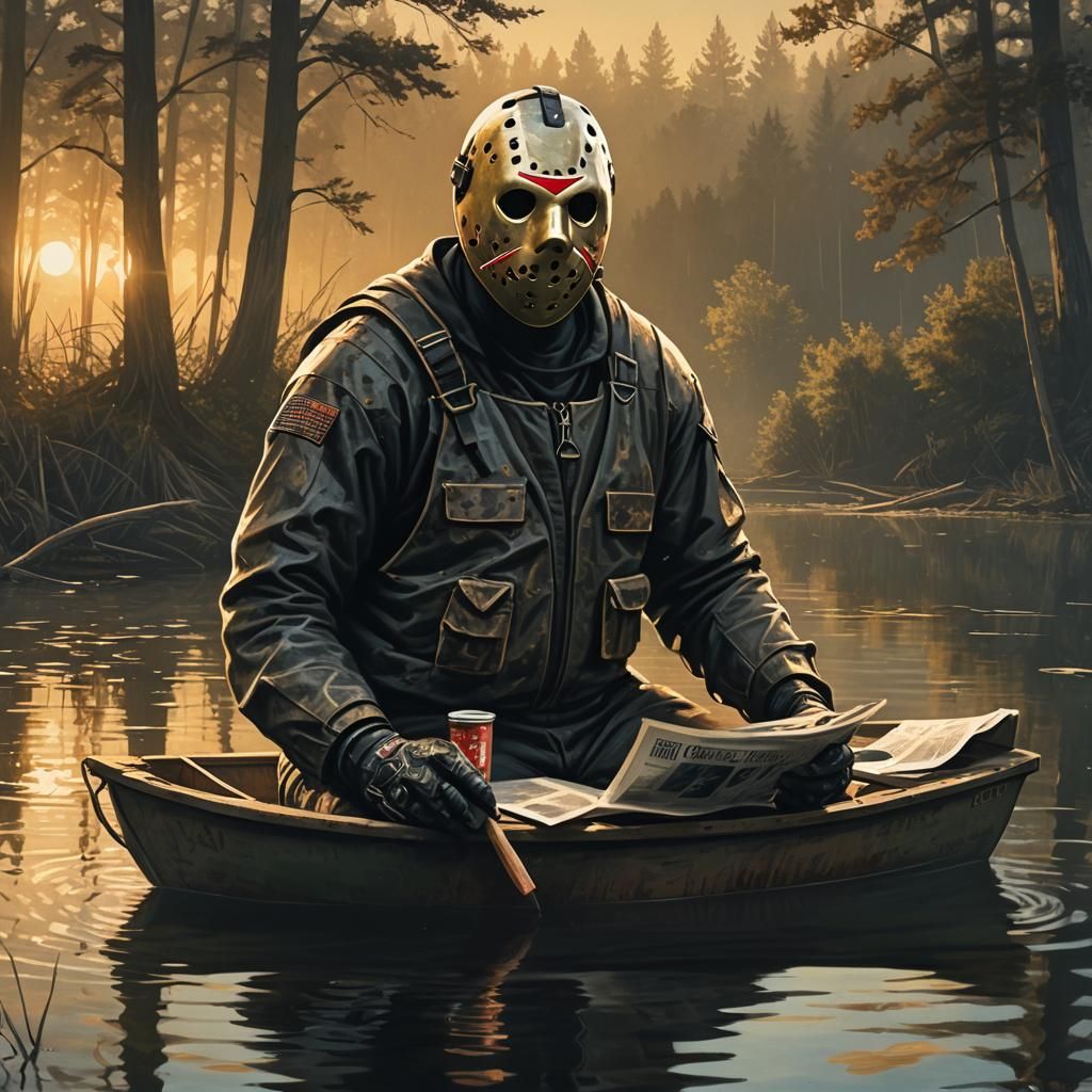 Jason Voorhees Reads on Serene Lake