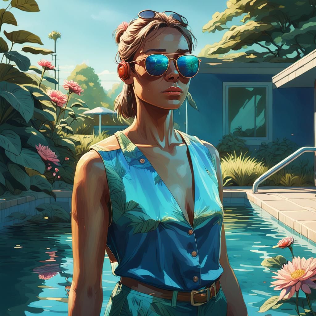 Poolside Figure in Simon Stalenhag Style