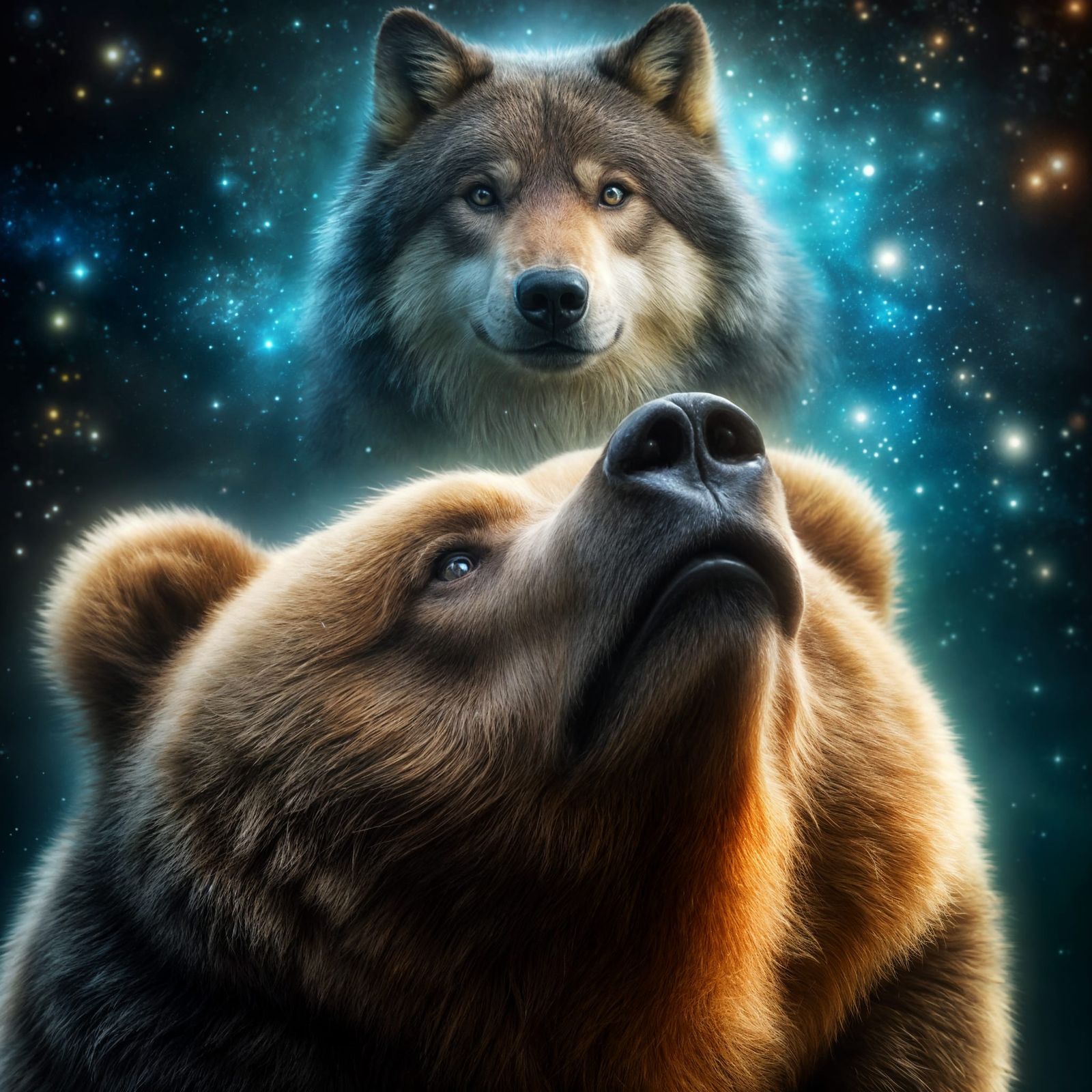 Kodiak Bear Transcends with Timber Wolf Spirit