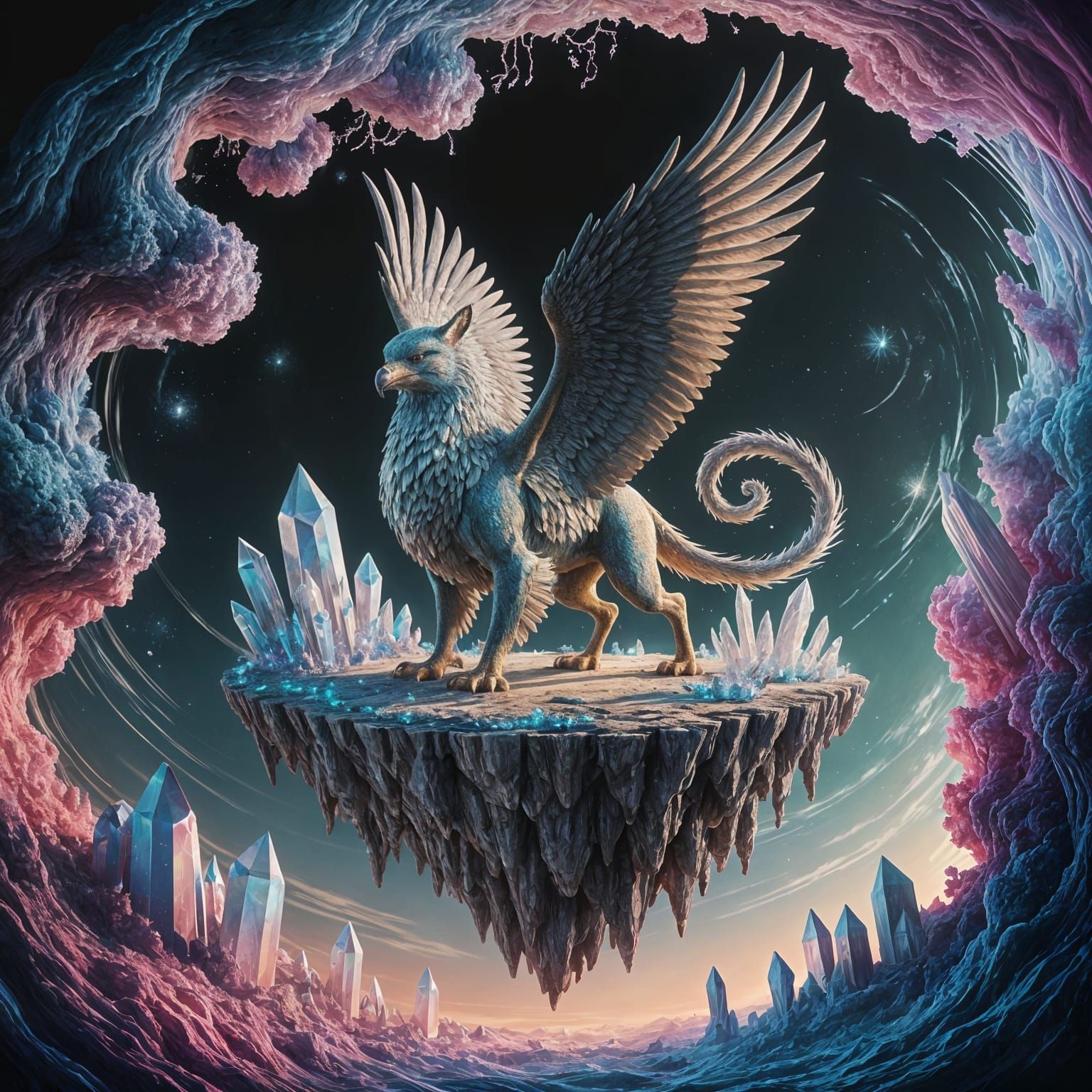 Majestic Griffin on a Celestial Island in a Swirling Nebula