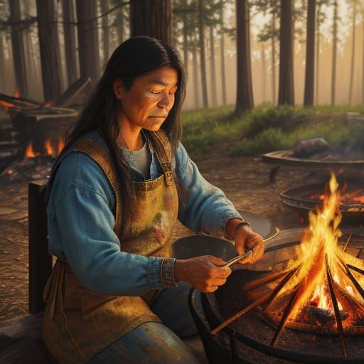 Cheyenne Woman Cooking Over Campfire Oil Painting