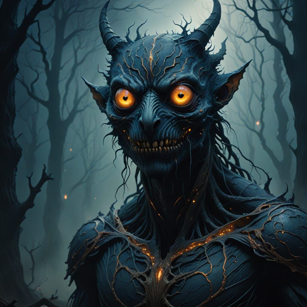 Surreal Creature with Glowing Eyes in Ominous Fog