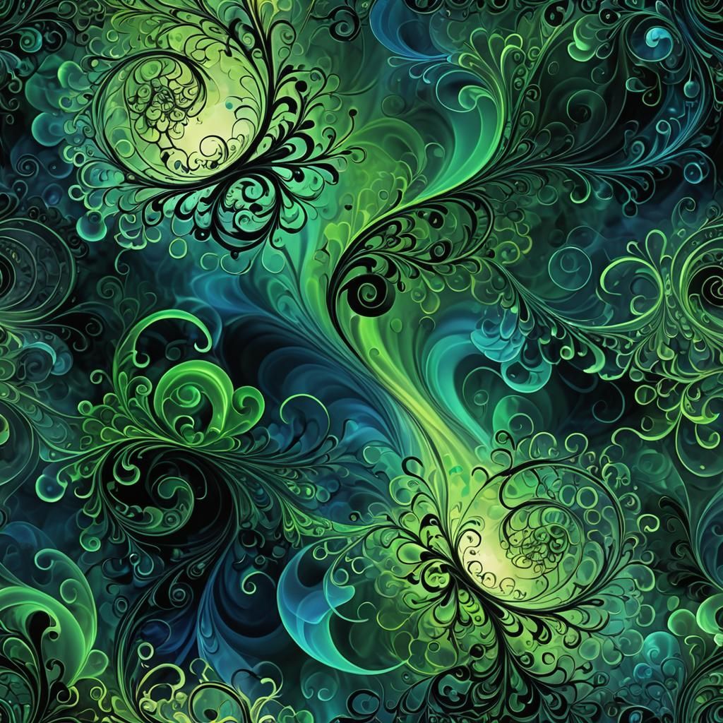 Ethereal Swirls: A Fantasy Abstract in Green and Blue