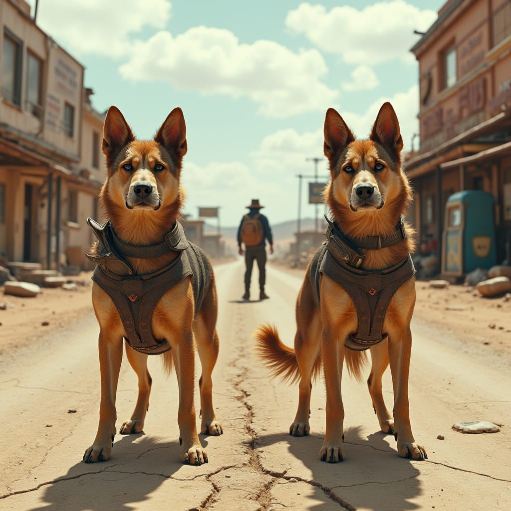 Loyal Canines Guard Traveler on Desert Road in Post-Apocalyp...
