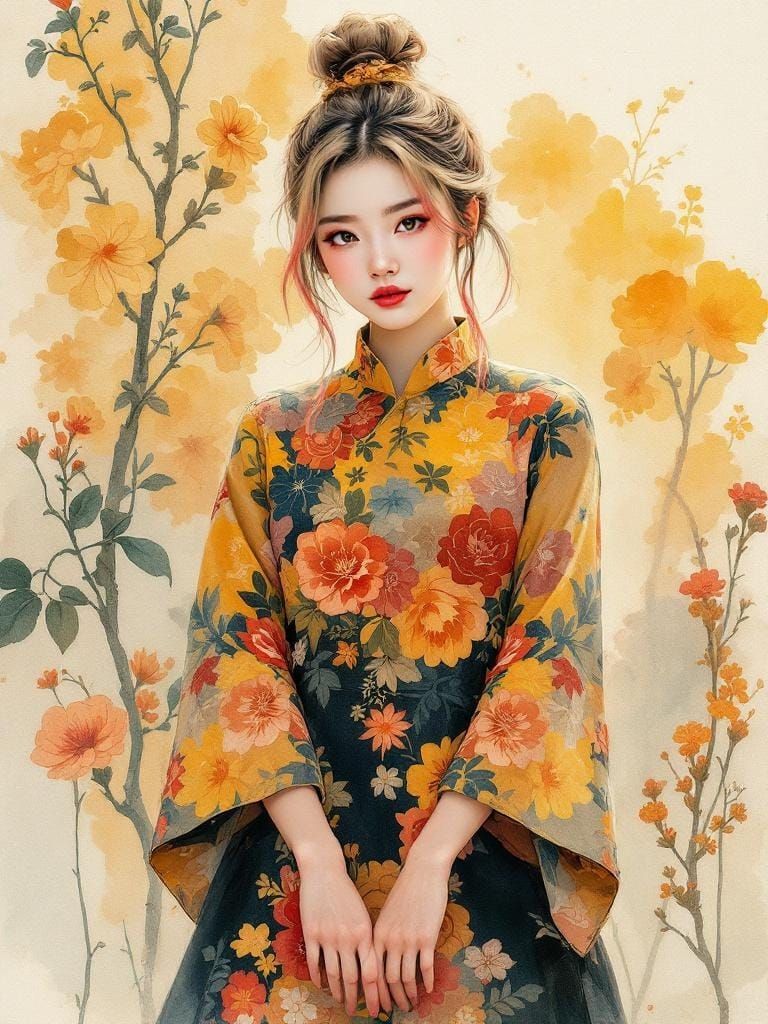 Pin-Up Woman in Floral Dress with Folk Art Elements