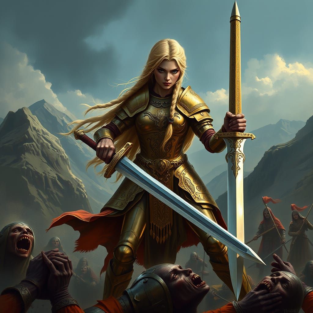 Epic Warrior Maiden in Golden Armor, Battling Amidst a Fierc...