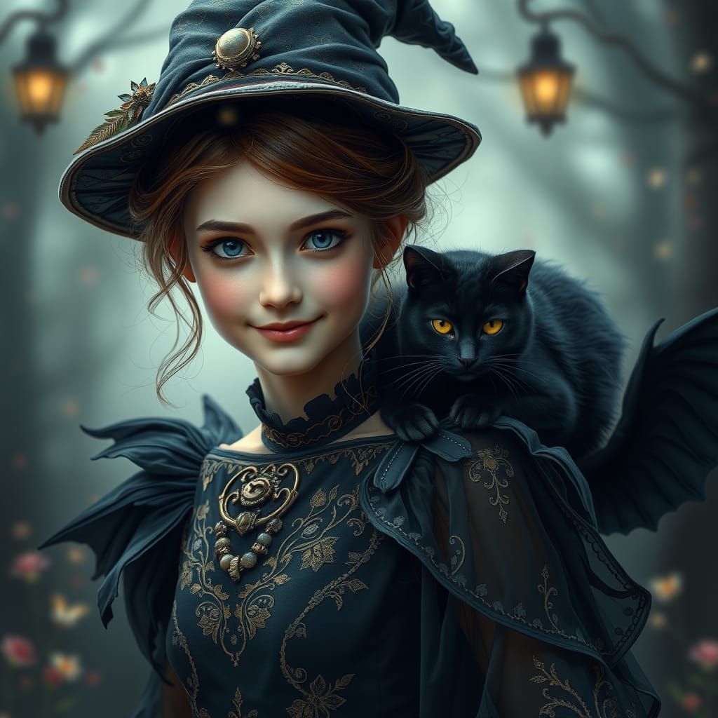 Enchanted Woman and Whimsical Feline Companion