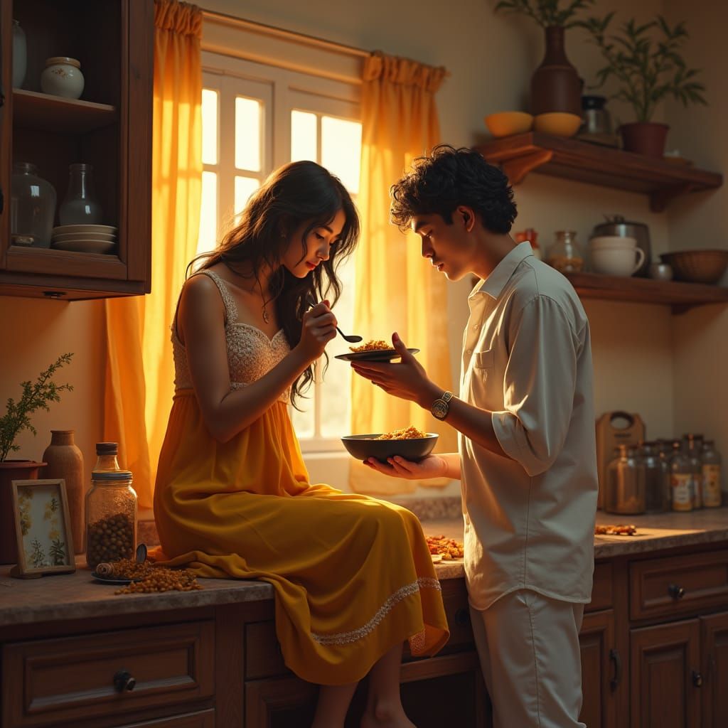 Couple Cooking Biryani in Cozy Kitchen in Matte Painting Sty...