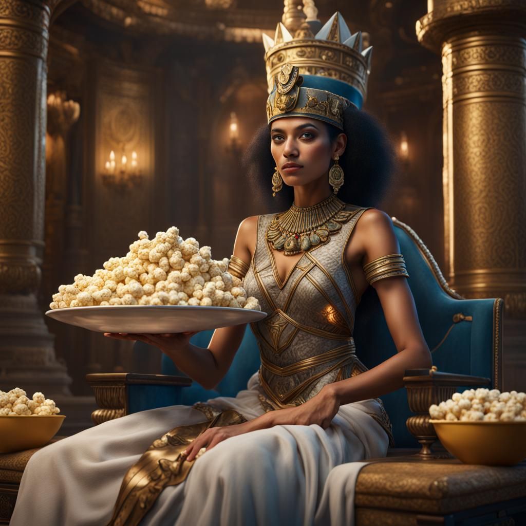 Hyperrealistic Egyptian Woman on Food Throne