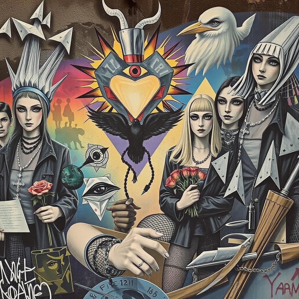 An artist creates  a Street art  graffiti mural Punk Faith, ...