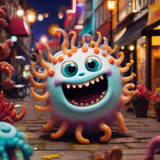 Whimsical Monster Cityscape with Bokeh Effect