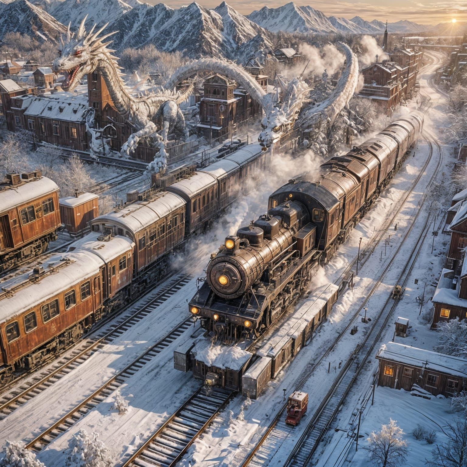 Steampunk Locomotive Escorted by White Dragon