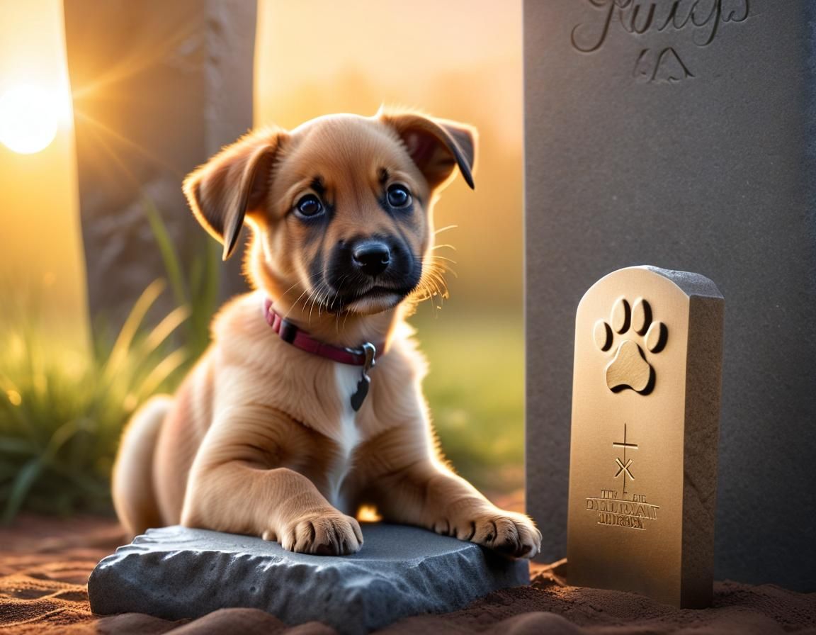Puppy Plays Beside Pawprint Gravestone in Golden Hour