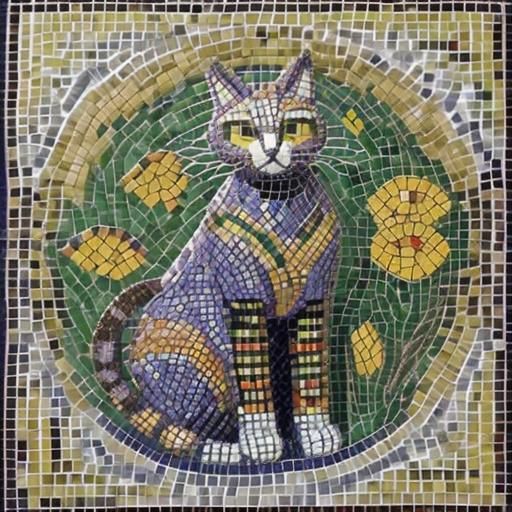 Mosaic Cat in Garden Scene, Detailed 3D Render