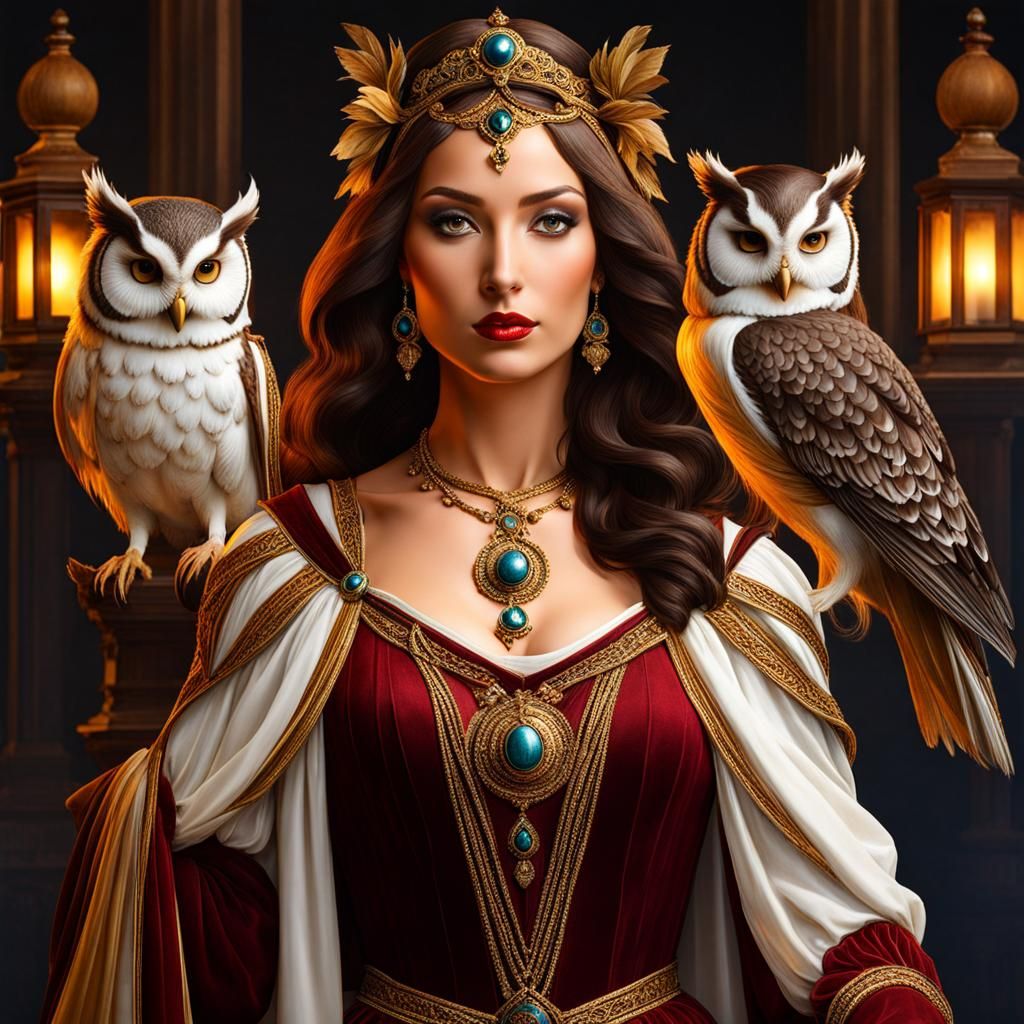 Renaissance Woman with Owls Portrait